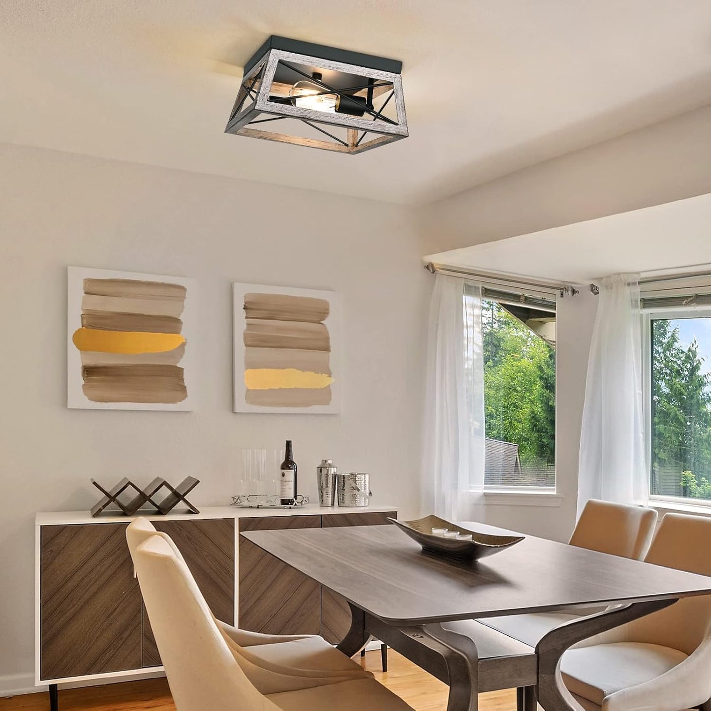 DEWENWILS Farmhouse Flush Mount Ceiling Light, Metal Light Fixture with Wood Grain Finish, 2-Lights Hallway Light Fixture Ceiling Mount for Entryway, Foyer, Dining Room | 2-Lights, Hardwired, E26 Base, Open-Caged, Metal Fixture for Kitchen, Hallway