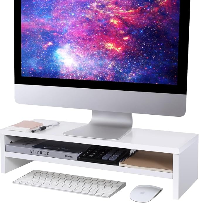 BEYGORM Monitor Stand Riser White, 21.6 inch 2 Tiers Wood Desk Shelf Computer by BEYGORM
