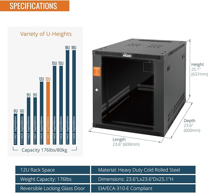 Tecmojo 12U Wall Mount Rack Cabinet, Heavy-Duty 176 Lbs High Load Capacity - Image 3