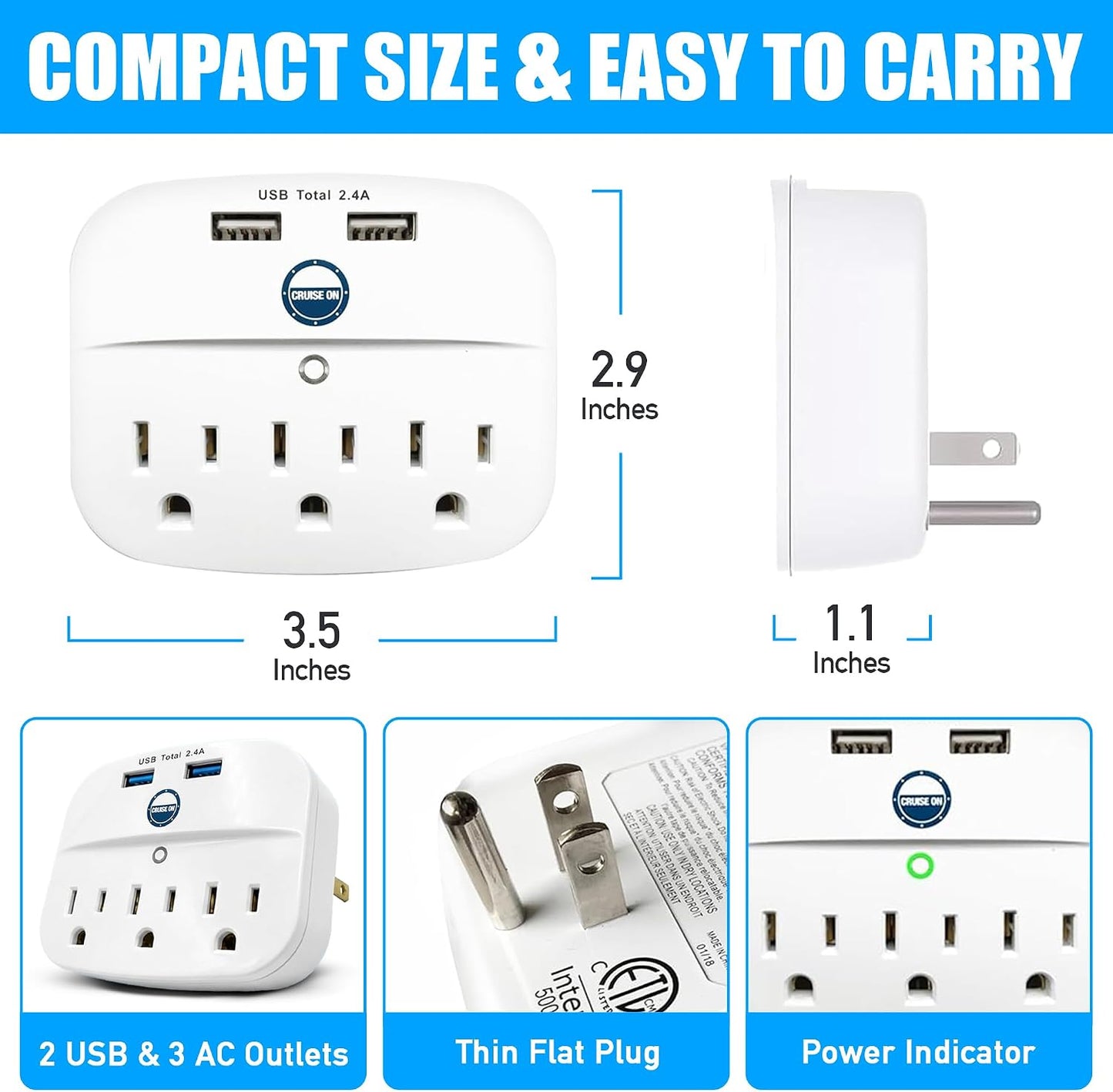 Cruise Approved Power Strip - Non Surge Protector for Cruise Ship with 2 USB Outlets - Cruise Ship Essentials 2026 for Carnival, Princess, Norwegian, Holland America, MSC & Major Cruise Lines (White)