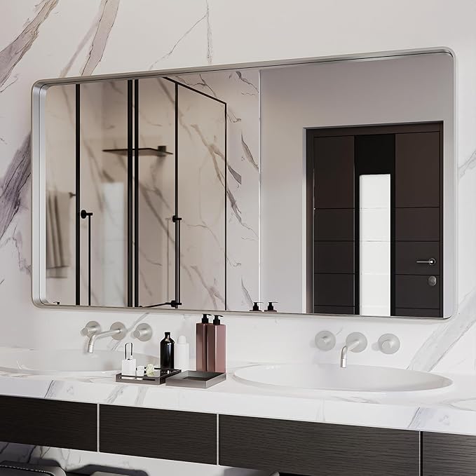 ISKM Brushed Silver Bathroom Mirror, 55 x 30 Inch Rounded Rectangle Silver by ISKM-IStillKeepMovin