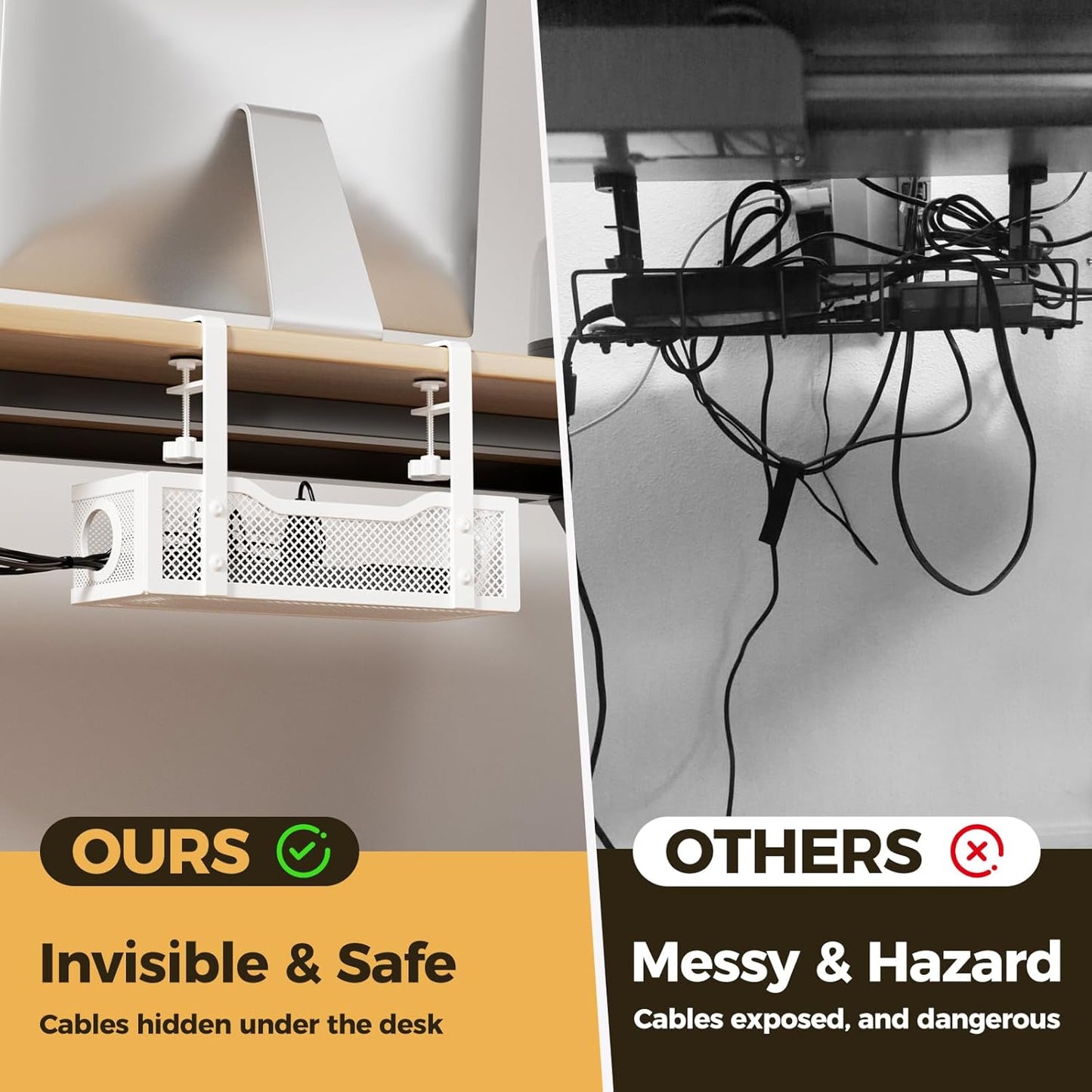Under Desk Cable Management Tray White, Cinati Wire Organizers No Drill, Cable Tray with Clamp for Wire Management, Cord Organization Box for Office, Home - No Damage to Desk