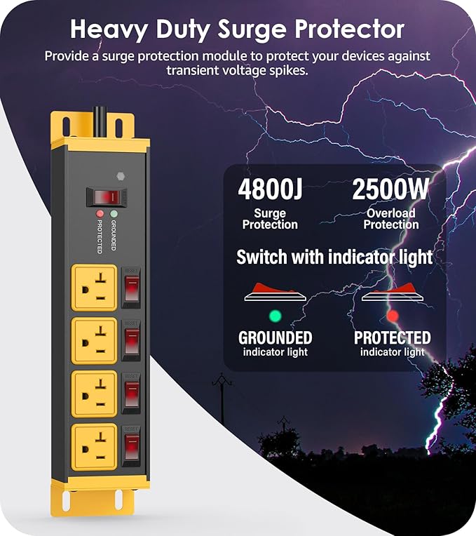 CCCEI Heavy Duty Surge Protector Power Strip 20 Amp Individual Switches. 25FT - Image 2