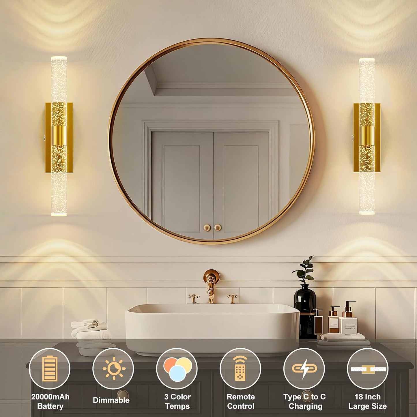 17 Inch Battery Operated Wall Sconces Set of two with 20000mAh Battery | Rechargeable Wall Lights with 3 Color - Wireless LED Arylic Wall Lamp with Remote for Bedroom Bathroom Hallway Living Room