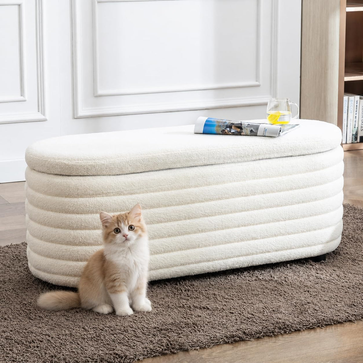 45.5" modern storage ottoman bench, white sherpa, main product view