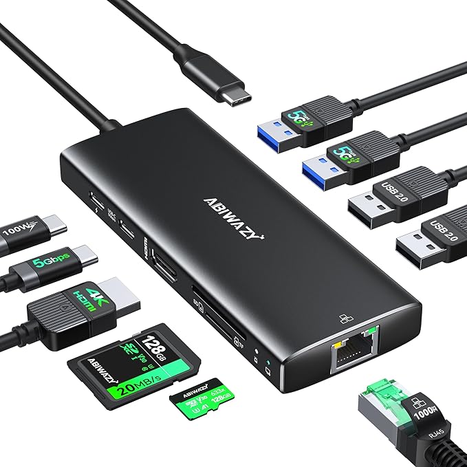 USB C Hub Multiport Adapter, ABIWAZY 10 in 1 USBC to Ethernet Adapter by ABIWAZY