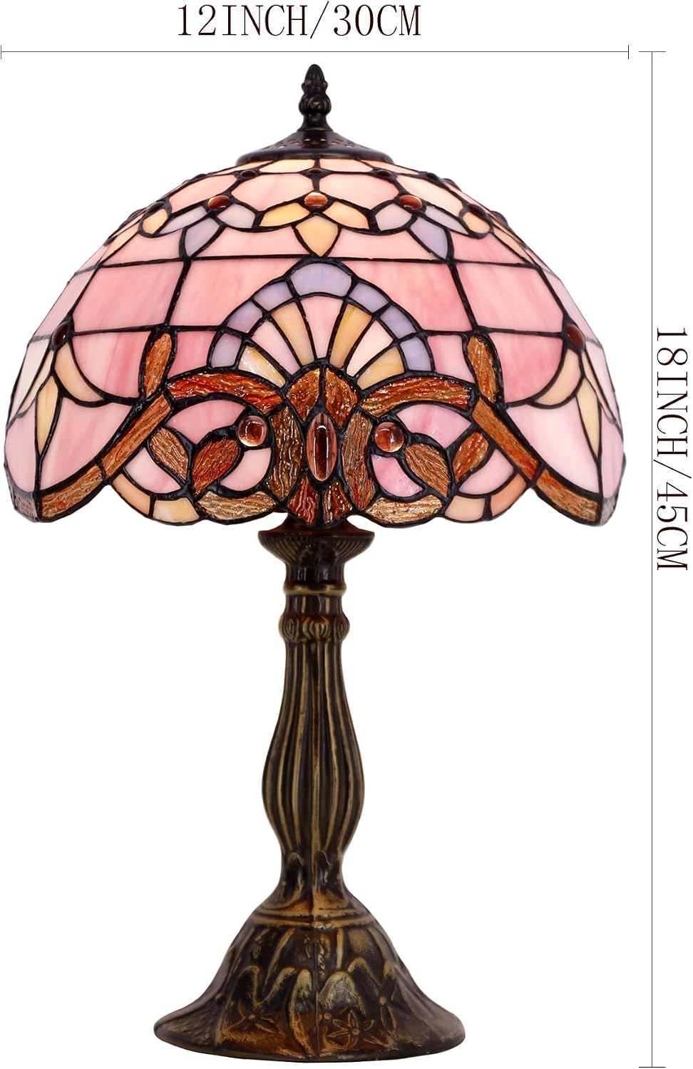 WERFACTORY Tiffany Lamp Bedside Pink Stained Glass Table Lamp 18 Inch Tall | 12X12X18 Inch Pink Baroque Style Lavender Reading Desk Light Decor Bedroom Living Room Home Office S003P Series