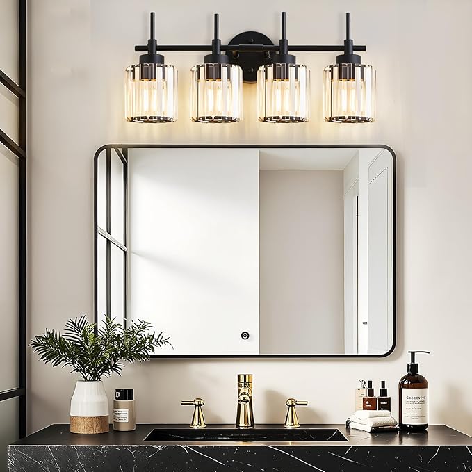EJIAXIN 4 Light Round Crystal Vanity Lights, Modern Black Crystal Wall Light - Image 7
