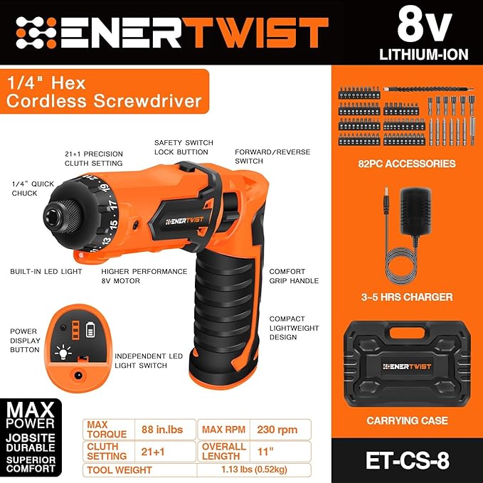 ENERTWIST Cordless Screwdriver, 8V Max 10Nm Electric Screwdriver Rechargeable - Image 2