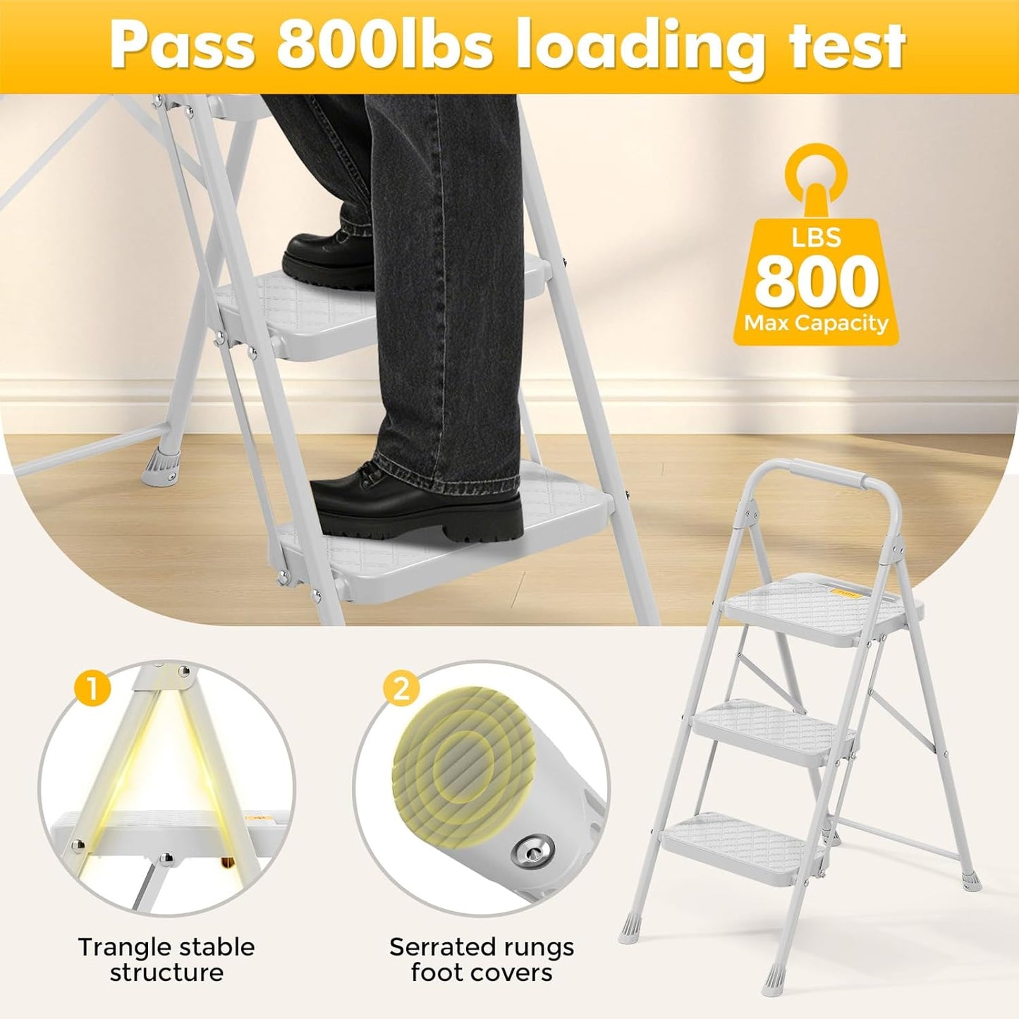 KINGRACK 3 Step Ladder, Folding Step Stool with Safety Lock & Sturdy Anti-Slip Pedals, Pass 800lbs Load Testing, Lightweight, Portable Steel Ladder with Handrails for Home, Kitchen, Garage, Office