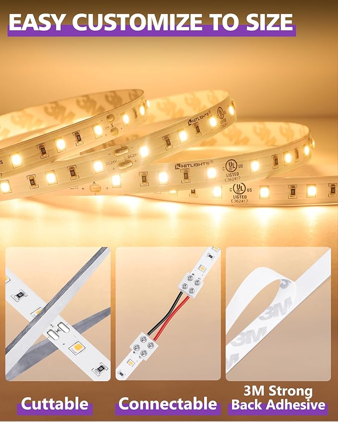 HitLights 24V LED Strip Lights Warm White 2700K, 26.2ft Cuttable Tape Backed - Image 6