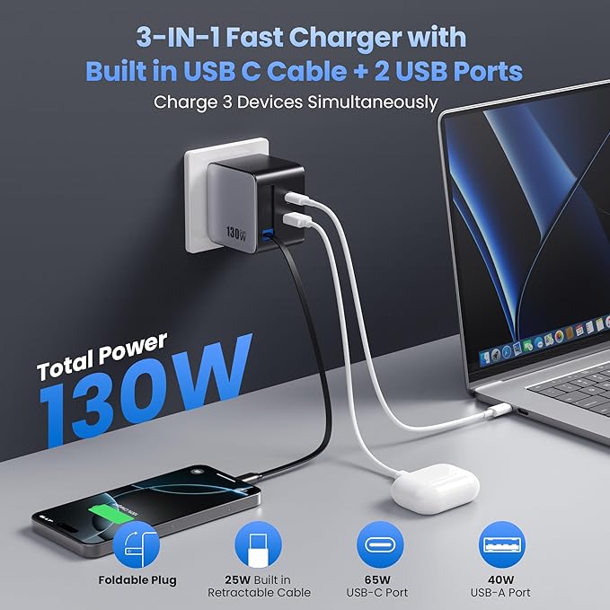 130W USB C Wall Charger, GaN III 3-Port Fast Charging Station, PD QC Foldable - Image 3