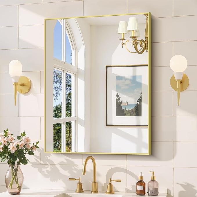 Gold Bathroom Mirror for Wall, 24x32 Inch Rectangle Mirror by Welcometocofeny