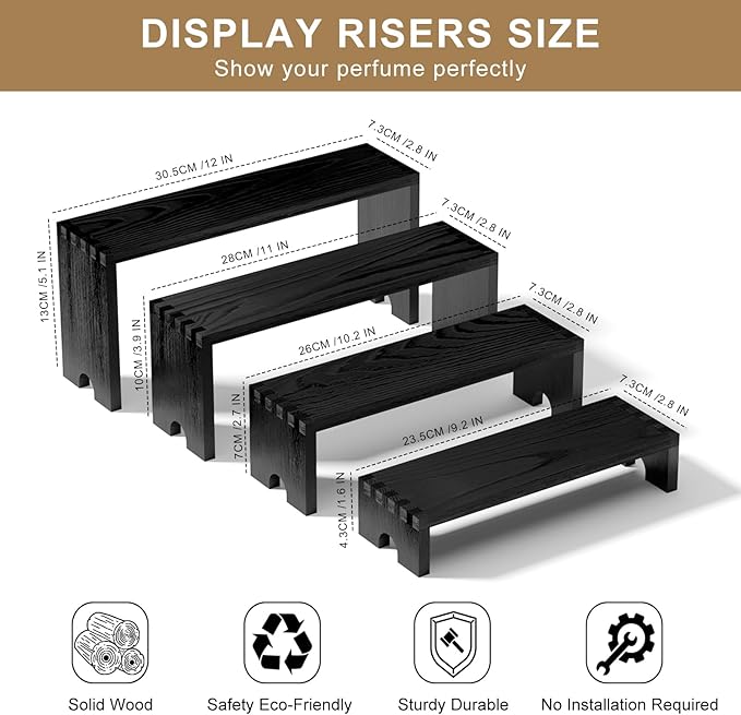 4 Set Large Black Wooden Tiered Riser Display Stands - Image 8