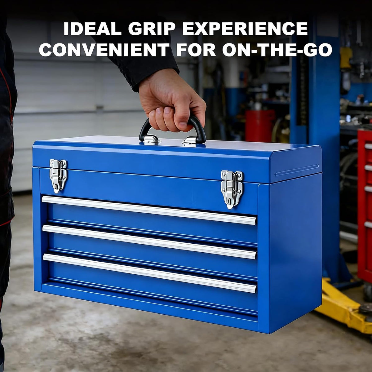 big red metal tool box, 20.5-inch, portable metal showing dimensions
