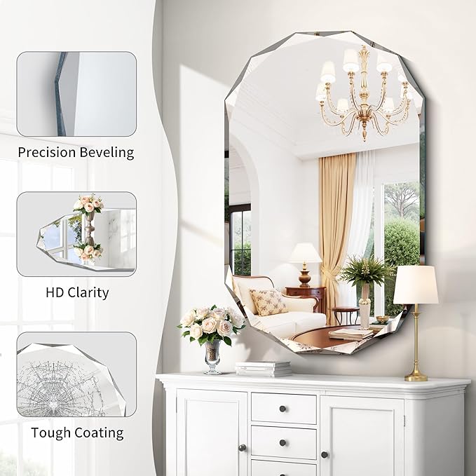 GLASHOM Frameless Bathroom Mirror, 30x48 inch Beveled Bathroom Mirror Wall - Image 3