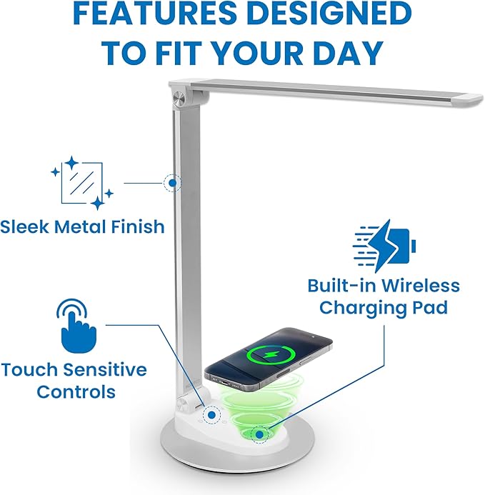 Mount-It! LED Desk Lamp with Wireless Charger and USB-C Charging Port, Dimmable - Image 5