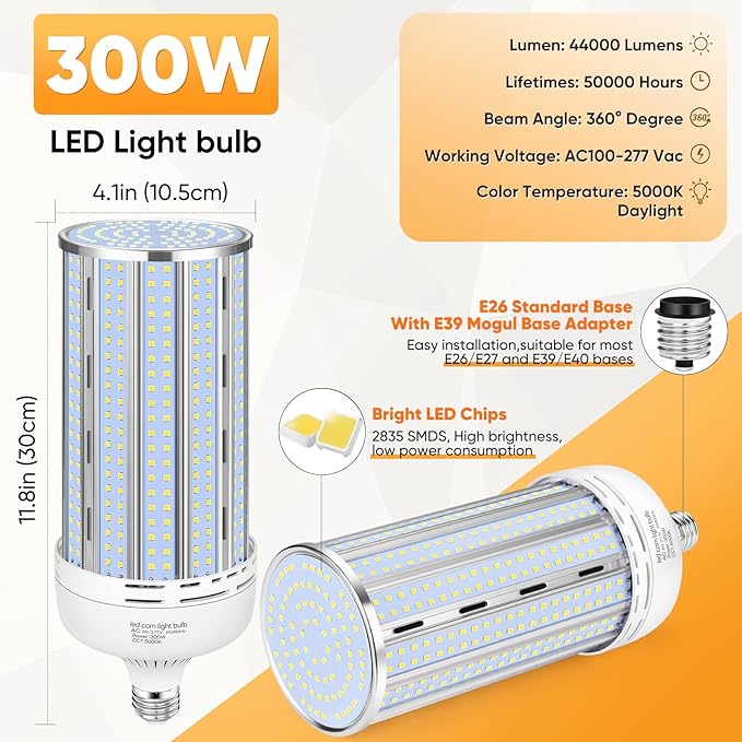 XYCN 2 Pack 300W Corn LED Light Bulb Fanless, 5000K Daylight E26/E39 Large - Image 3