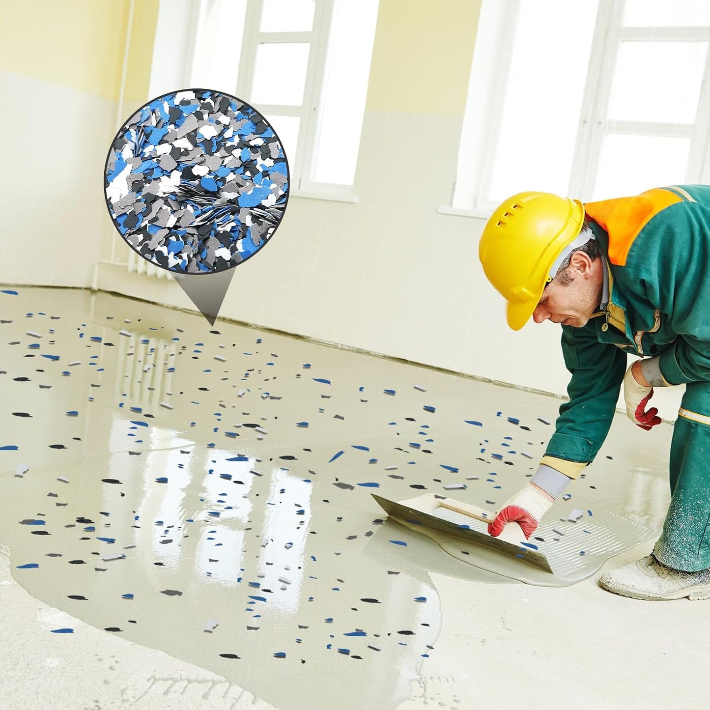Biaungdo 360G Epoxy Floor Decorative Chips 3-5mm Black White Blue Gray | Natural Rock Material, 4 Color Blend Mix, Easy Sprinkle And Coat, For Garage Basement Workshop Floor, Covers Dirt And Traces