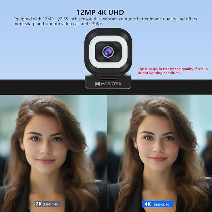 4K Webcam with 5-Level LED Light, 12MP Camera, USB Webcam with Dual - Image 2