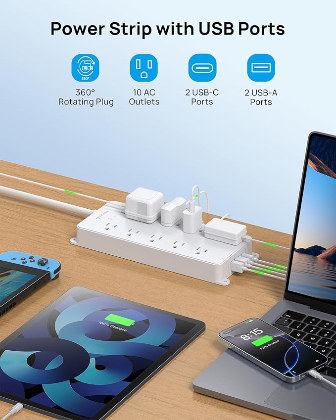 TROND 360° Rotating Plug Power Strip 10ft, Surge Protector - Image 7