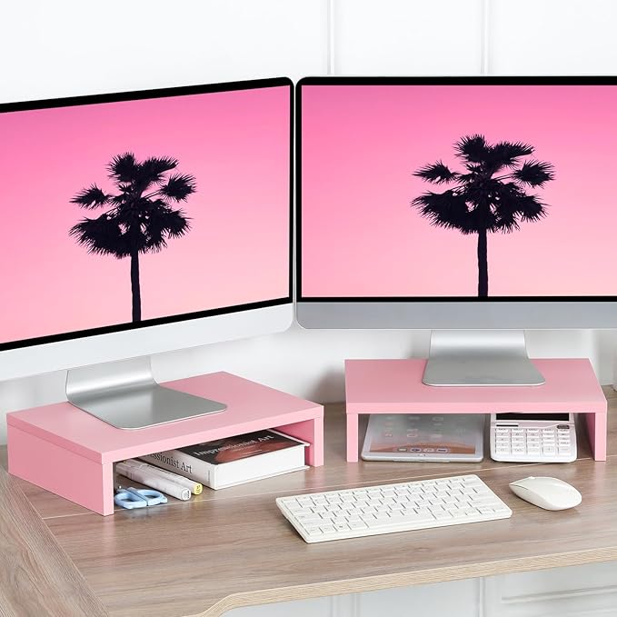TEAMIX Pink Monitor Stand Riser-2 Pack, Wood 2 Tier Adjustable Monitor Stand - Image 2