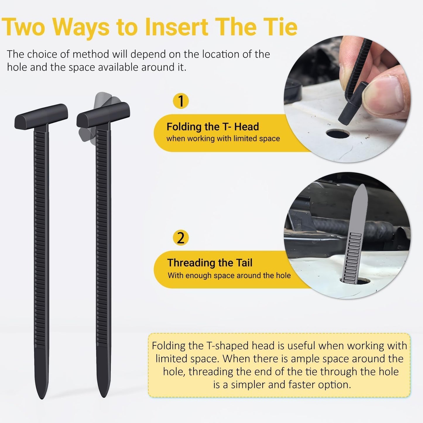 Upgraded Nylon Universal Cable Tie Buckles, Nylon Zip Ties Holders Kit, Automotive Zipper Clips Self-Locking T Rivet Zipties for Car Fender Trunk Bumper Repair, Home & Garage Patent Pending