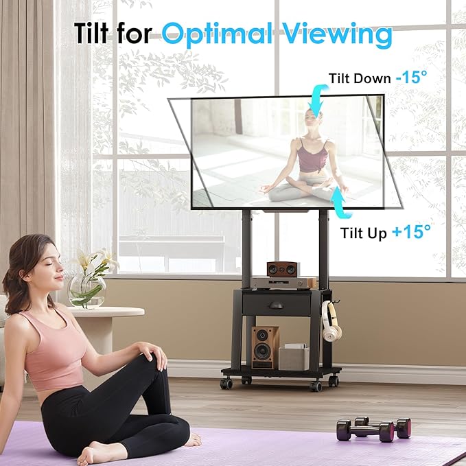 Mobile TV Stand with Drawer for 23-60 Inch Flat/Curved Screen, Tilt Rolling TV - Image 2