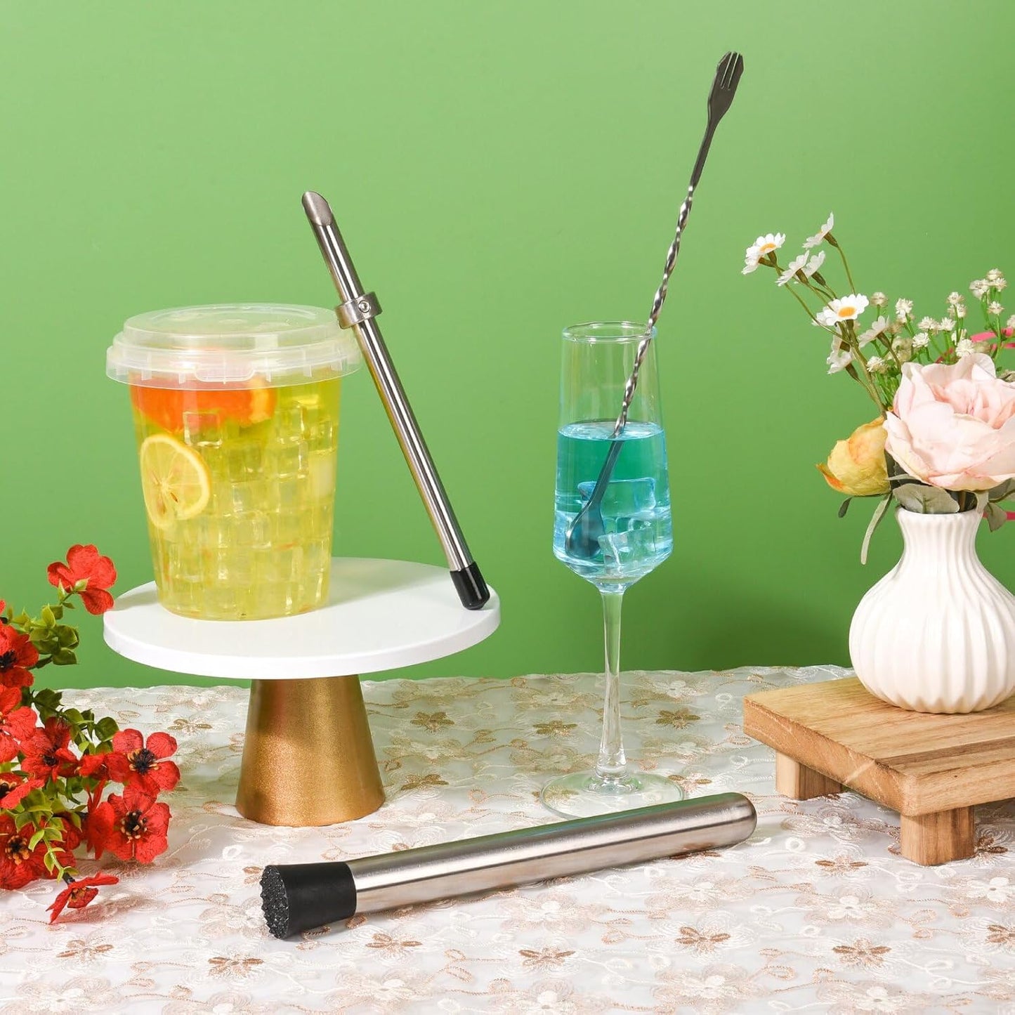 5 Pack Straw Puncher, lemonade stand supplies kit | with straw puncher for plastic lids, muddler for lemonade and cocktails, reusable lemonade cups