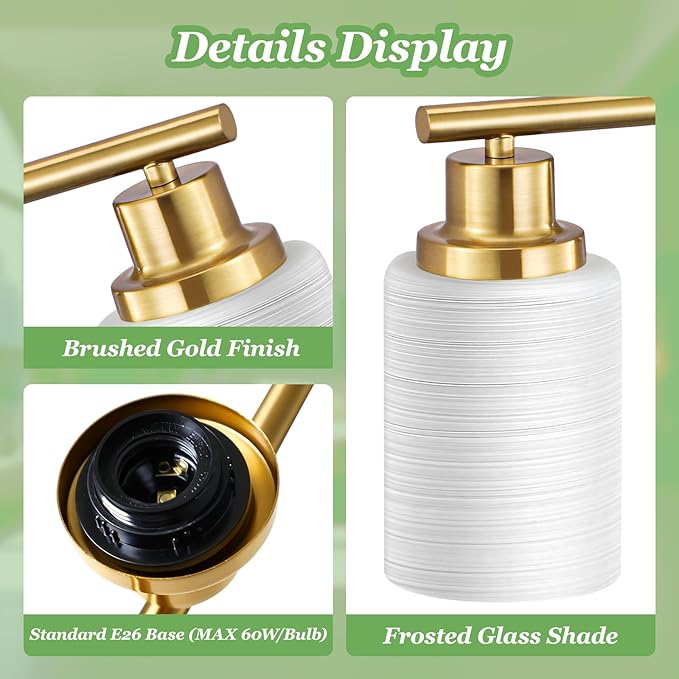 Guliaofo 2-Light Vanity Lights, Brushed Gold Bathroom Light Fixture - Image 3