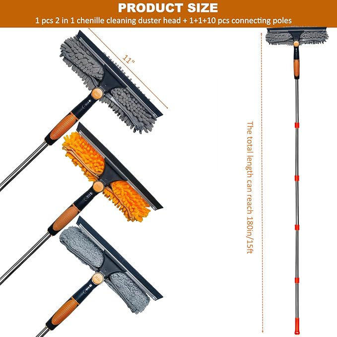 20 ft+ Reach Squeegee Window Cleaner Duster 2 in 1 Rotatable Window Cleaning - Image 2