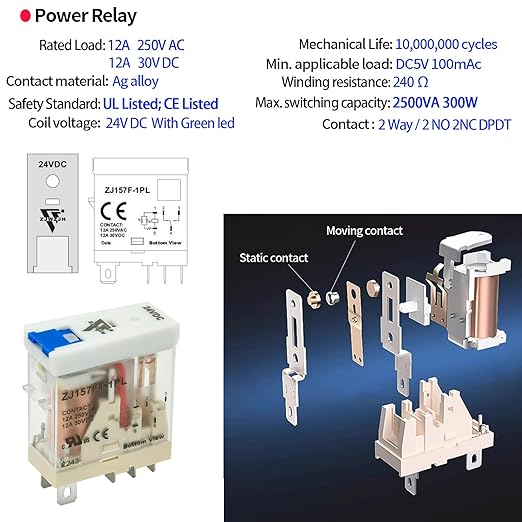 12 Pcs 12Amp Power Relay Switch UL Listed 24V DC Relay Coil, 5 Pin SPDT 1NO 1NC - Image 2