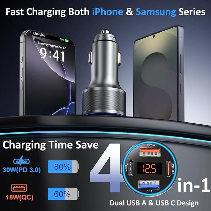 Car Charger USB C, 65W Multi Port Dual 12V USB C Car Charger Adapter - Image 2