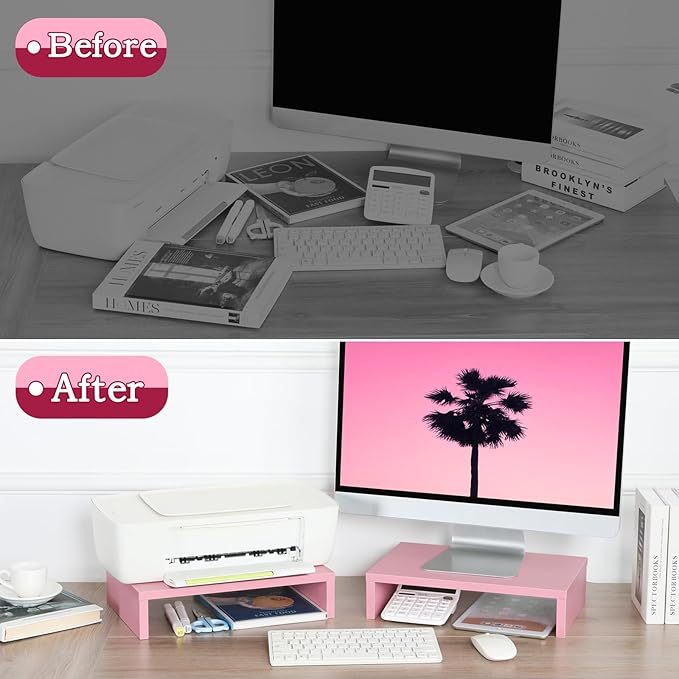 TEAMIX Pink Monitor Stand Riser-2 Pack, Wood 2 Tier Adjustable Monitor Stand - Image 7