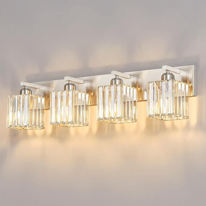 FDPBY Modern Vanity Light 4-Lights Brushed Nickel Vanity Light Crystal Bathroom by FDPBY
