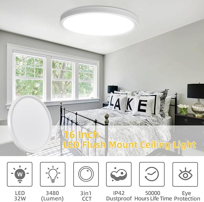 RLEDPZTX Led Flush Mount Ceiling Light, 16 Inch 32w 3480lm, 3000k/4000k/6000k - Image 2