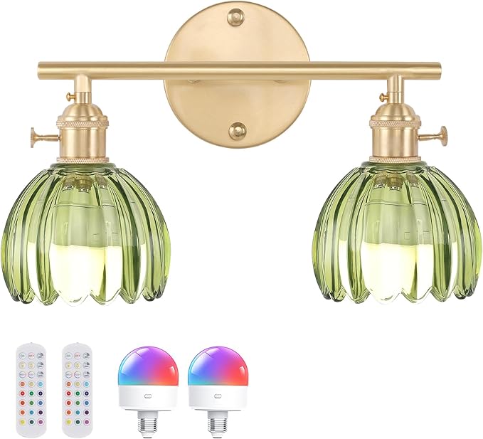 Shenmoyl Battery Operated Bathroom Light Fixtures, 2-Light Brass Vanity Wall by Shenmoyl