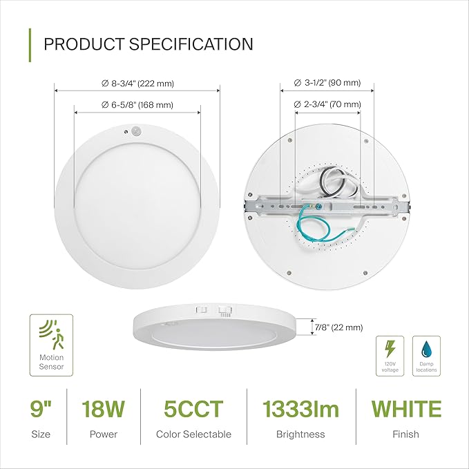 ASD LED 9" Round Flush Mount Ceiling Light Fixture, Low Profile Surface - Image 2