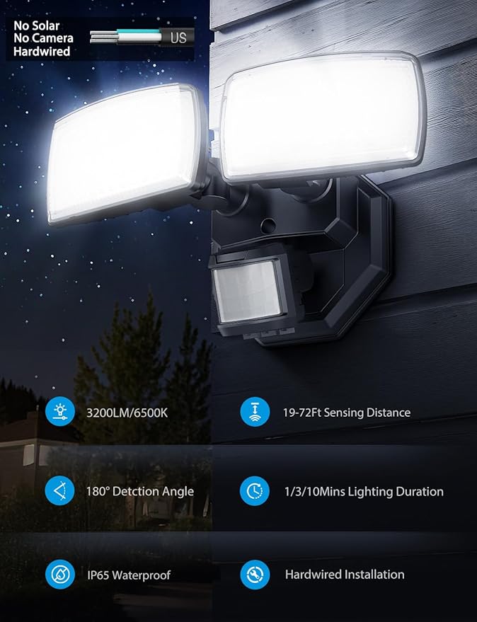 Onforu 32W 2 Head Motion Sensor Outdoor Lights, 3200LM 6500K LED Security Light - Image 3