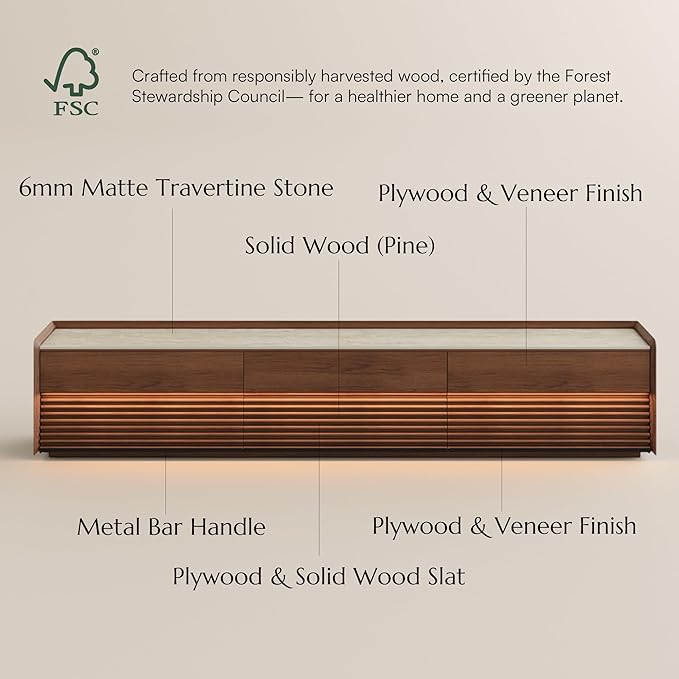 POVISON Fully-Assembled Mid Century Matte Sintered Stone TV Stand, 94.49" Wood - Image 2