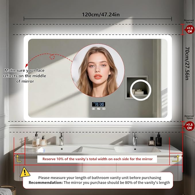 LUVODI Bathroom LED Wall Mirror: 48x24 inch Rectangle Makeup Vanity - Image 3