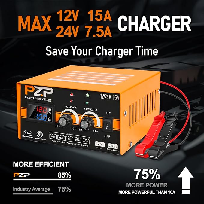 12V 24V Manual Battery Charger Maintainer, 0 to 15A Arbitrarily Adjustable Car - Image 3
