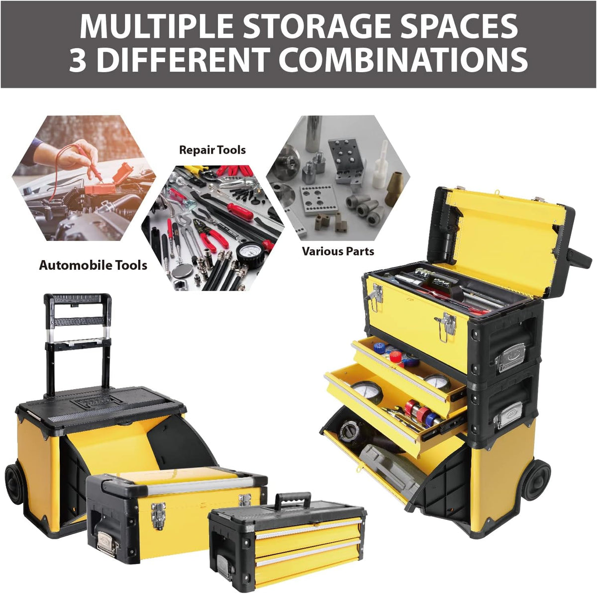big red stackable portable metal tool box organizer shown in use