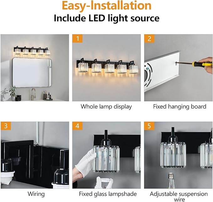 FDPBY Modern Bathroom Vanity Light 5-Lights Plating Black Vanity Light Crystal - Image 7