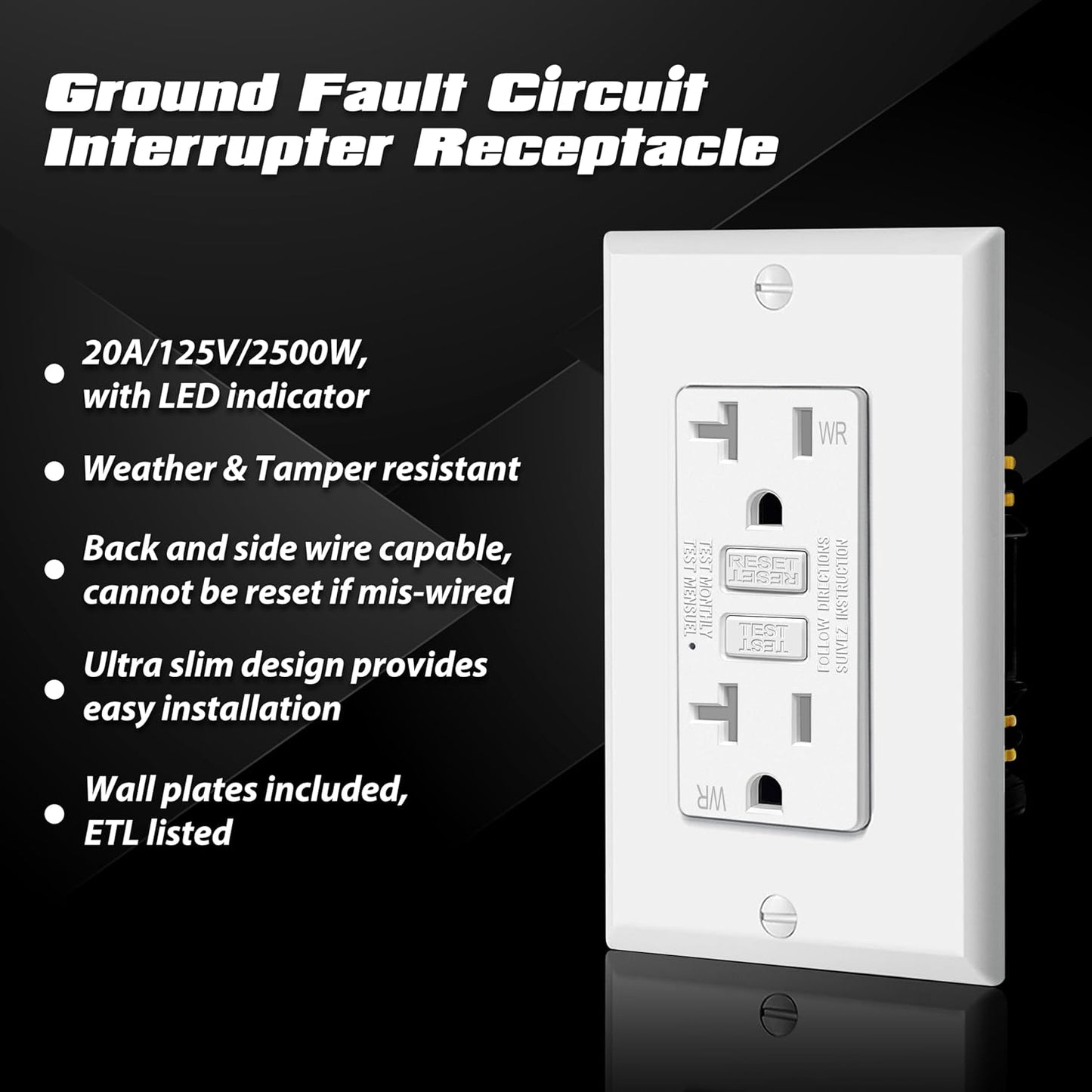 ELECTECK 10 Pack GFCI Outlets 20 Amp, Weather Resistant GFI, ETL Listed | Ultra Slim Design, Outdoor 20A GFI Receptacle With LED Indicator, Ground Fault Circuit Interrupter, Wallplate Included, White
