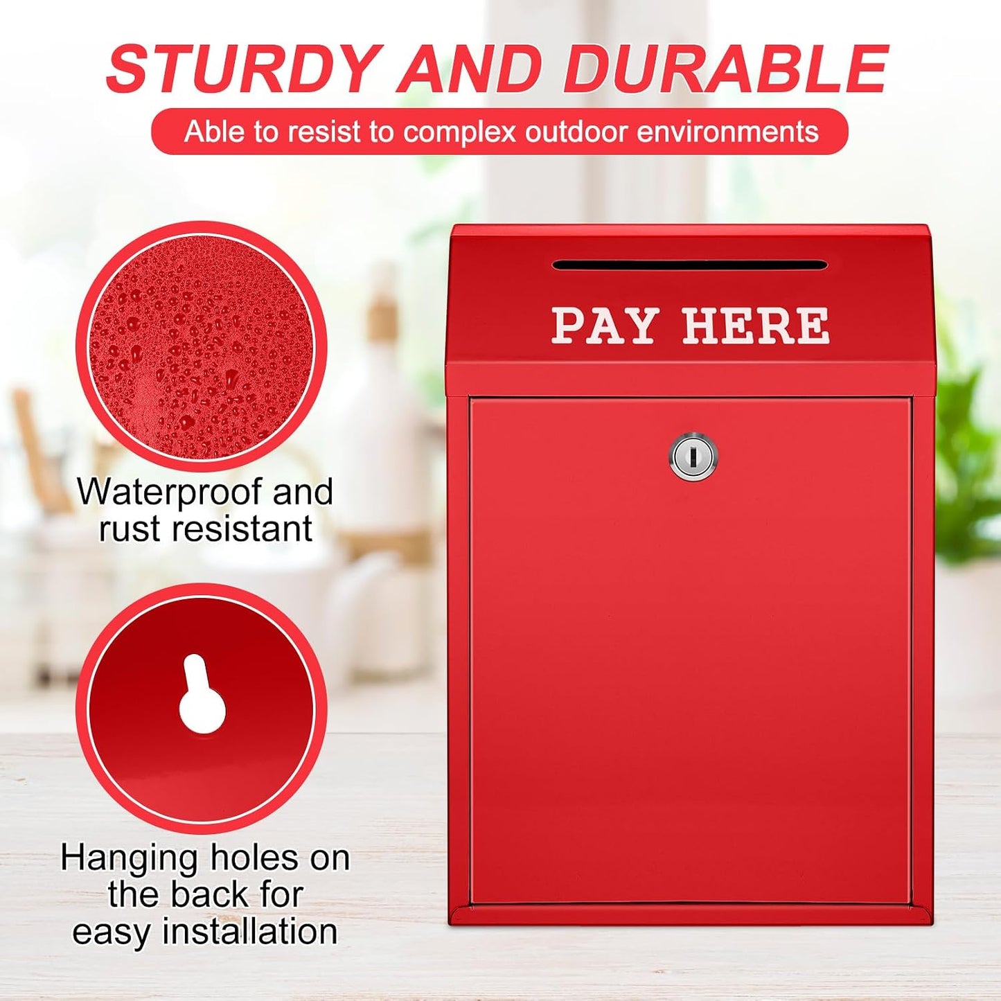 Yaocom Metal Money Cash Box,Red,11.8 x 8.6 x 4.7 Inch | Wall Mount Pre-drilled Farm Stand Outdoor, Lockable Drop Slot for Donations, Pay Here Self-serve Safe Cash Lock Box