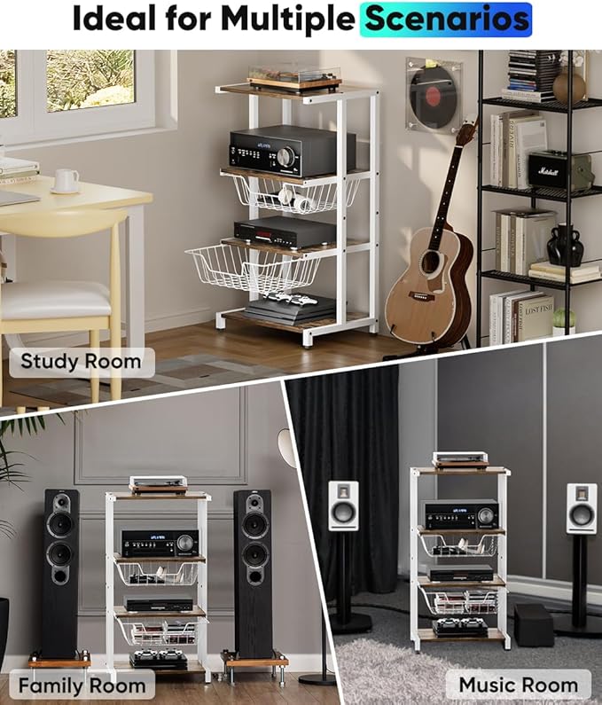 Ardier Media Stand with Two Detachable Baskets, 4-Tier AV Media Stand Corner - Image 7