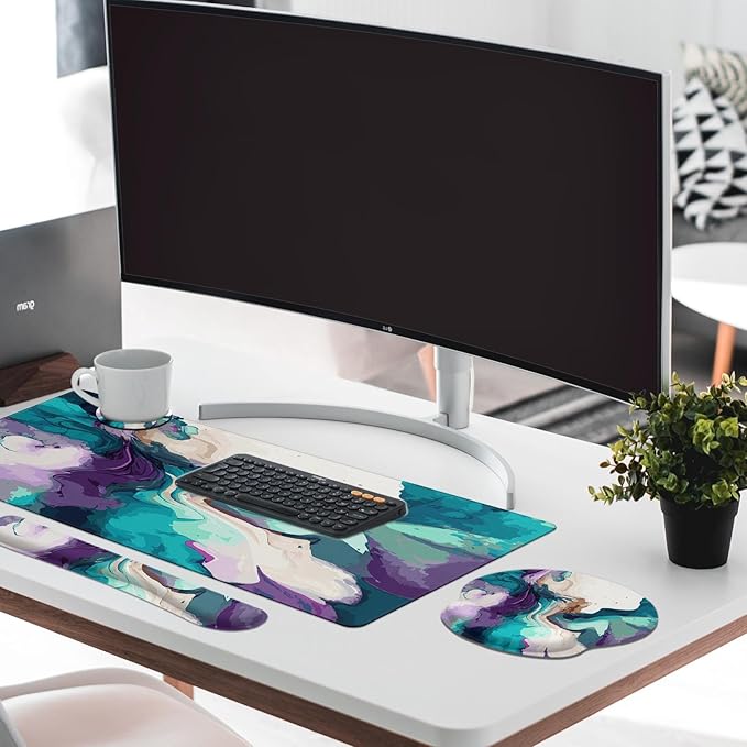 Britimes Teal and Purple Liquid Marbling Keyboard Mouse Pad Set 4in1 Large - Image 5