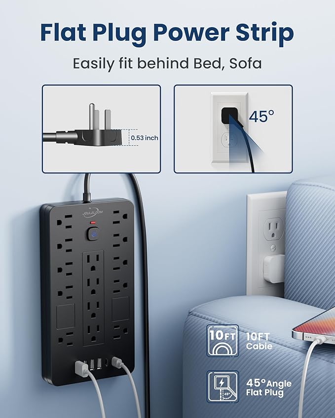 JouleLoom Surge Protector Power Strip-14 Outlets and 6 USB Ports, 10 Feet Flat - Image 5