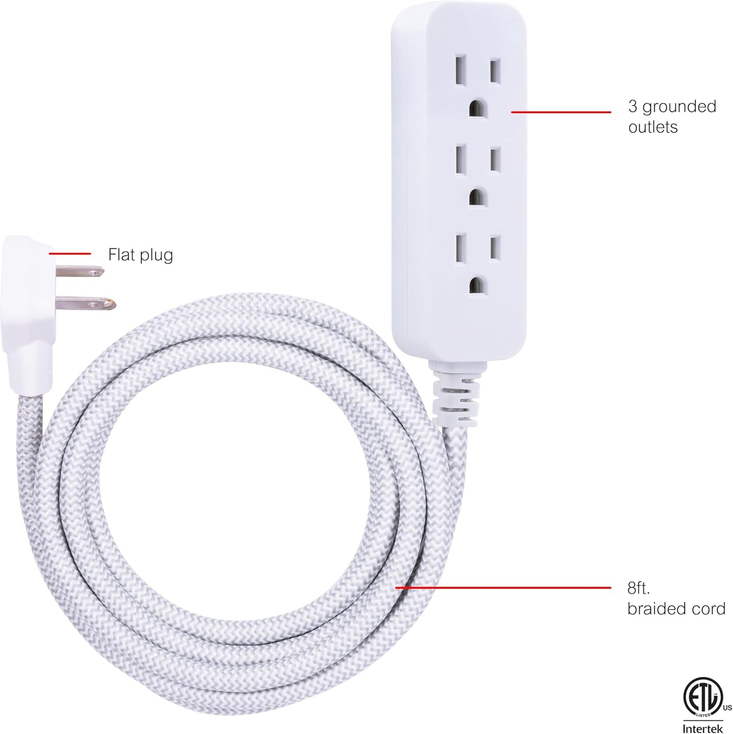 GE 3-Outlet Power Strip Surge Protector, 8 Ft Braided Extension Cord